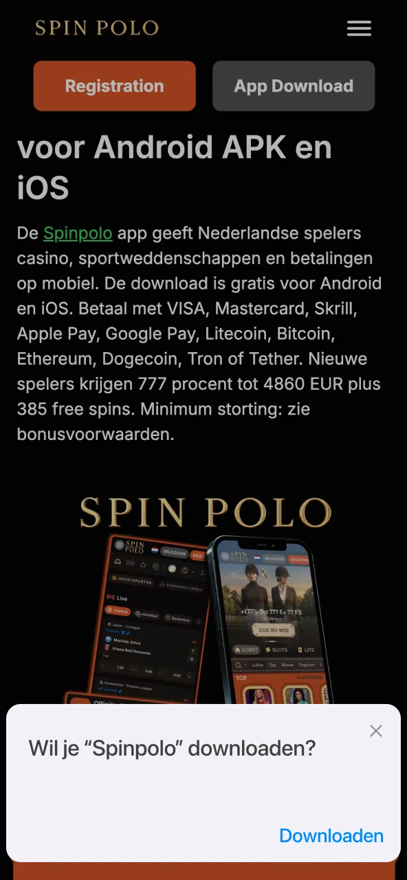 iOS geeft een pop up voor Spinpolo installatie die je kunt openen.