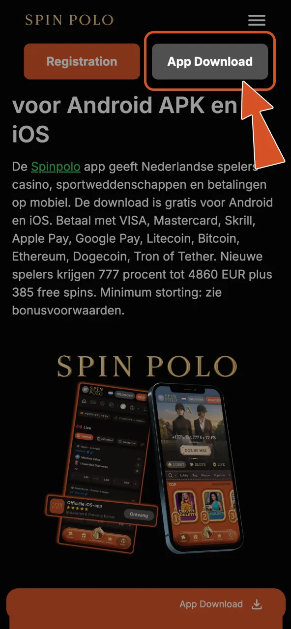 Start de Spinpolo iOS installatie door op de downloadknop te tikken.