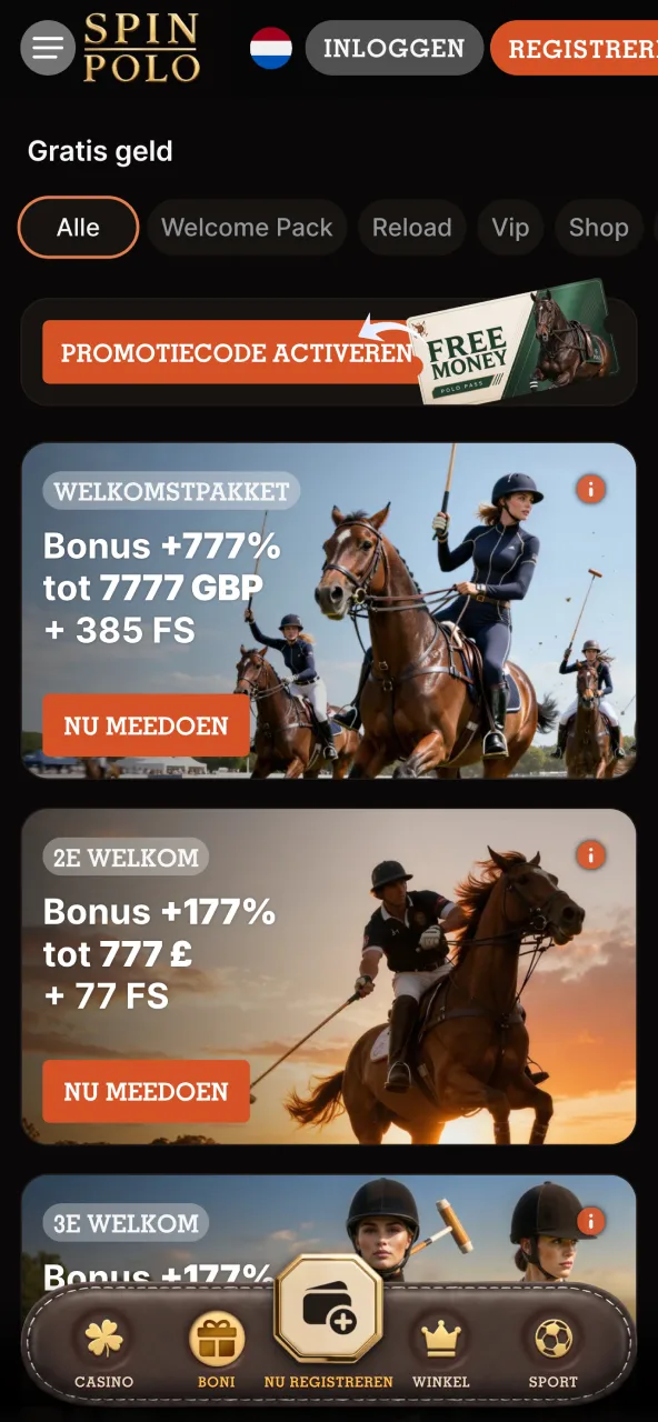 Spinpolo bonussectie app toont bonusinformatie in mobiele vorm.