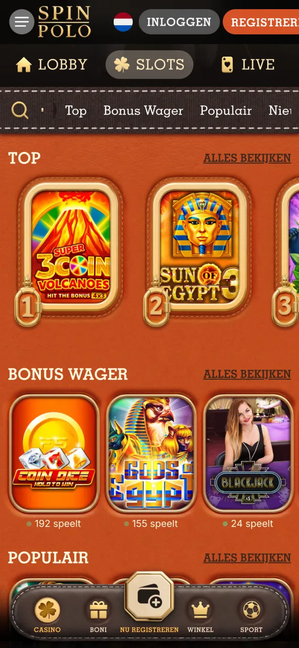 Mobiel casino‑overzicht Spinpolo groepeert spellen in tegels.