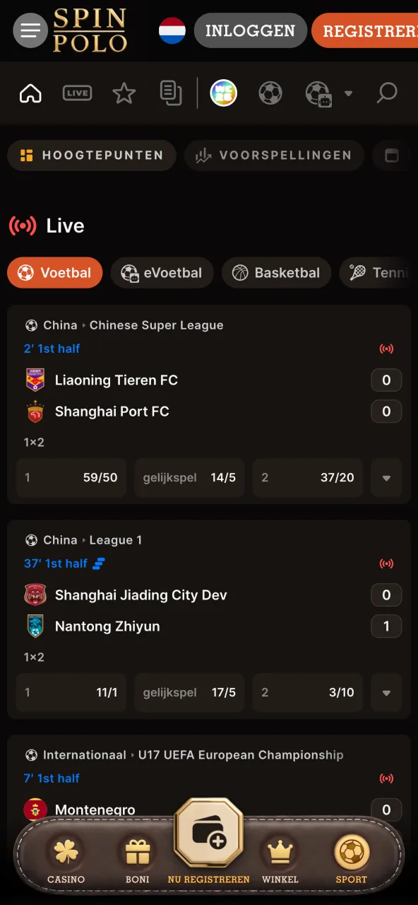 Mobiele sportsectie Spinpolo verdeelt prematch en live‑tabbladen.