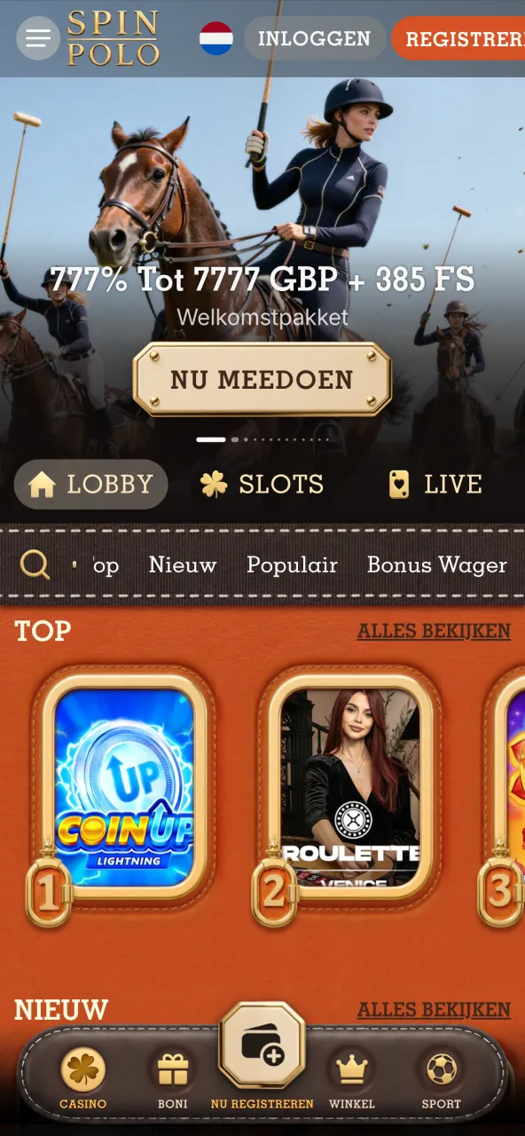 Spinpolo app‑startscherm bundelt sport en casino in één mobiel overzicht.
