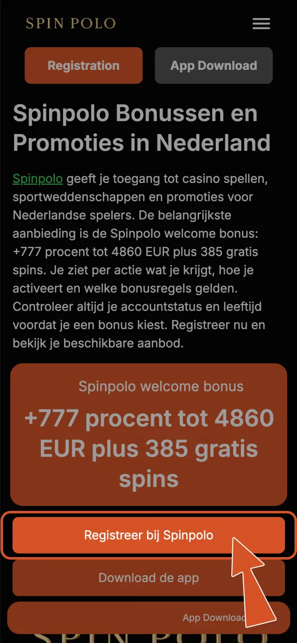 Start registratie op Spinpolo door de site te openen en gegevens in te vullen.