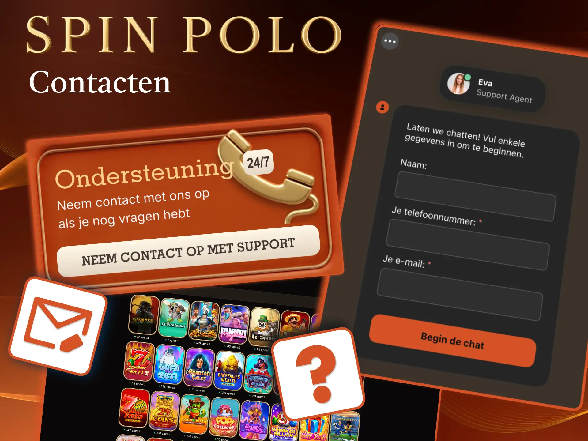 Spinpolo support werkt via chat, e‑mail en documentupload in je account.