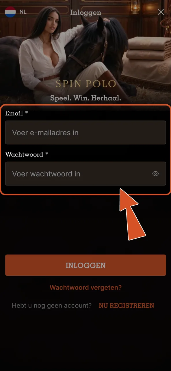 Spinpolo login invullen met je e‑mail, nummer of gebruikersnaam.