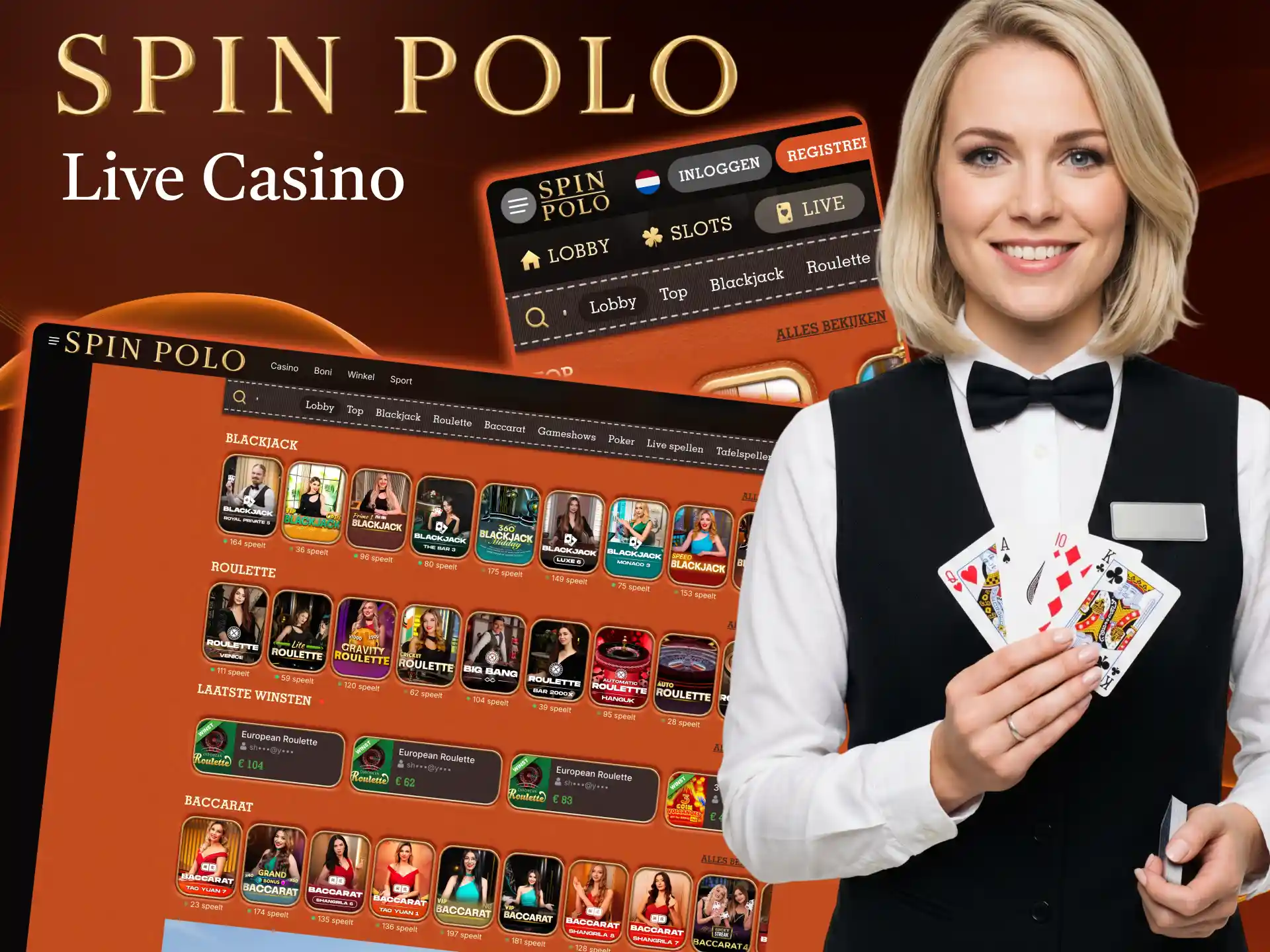 Spinpolo toont live tafels zoals roulette, blackjack, holdem en game shows.