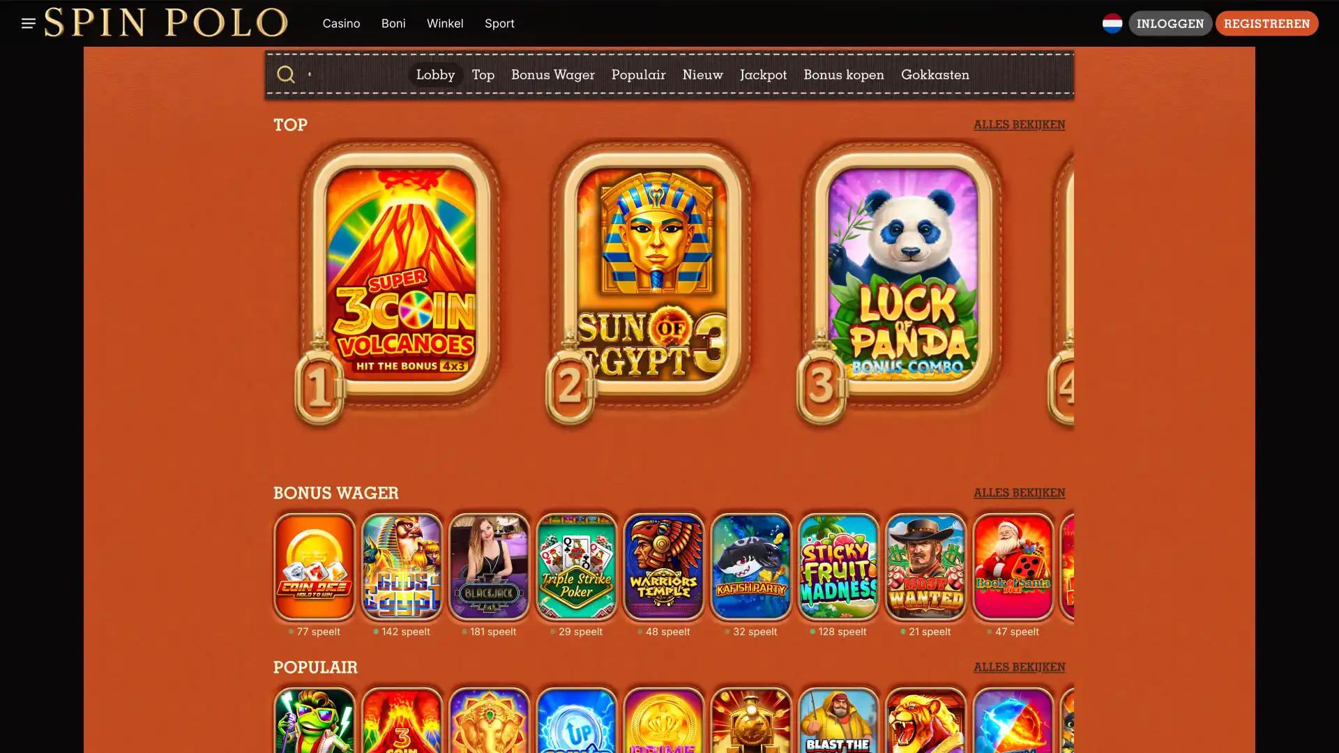 Desktop casinopagina Spinpolo toont slots, tafels en live‑secties.