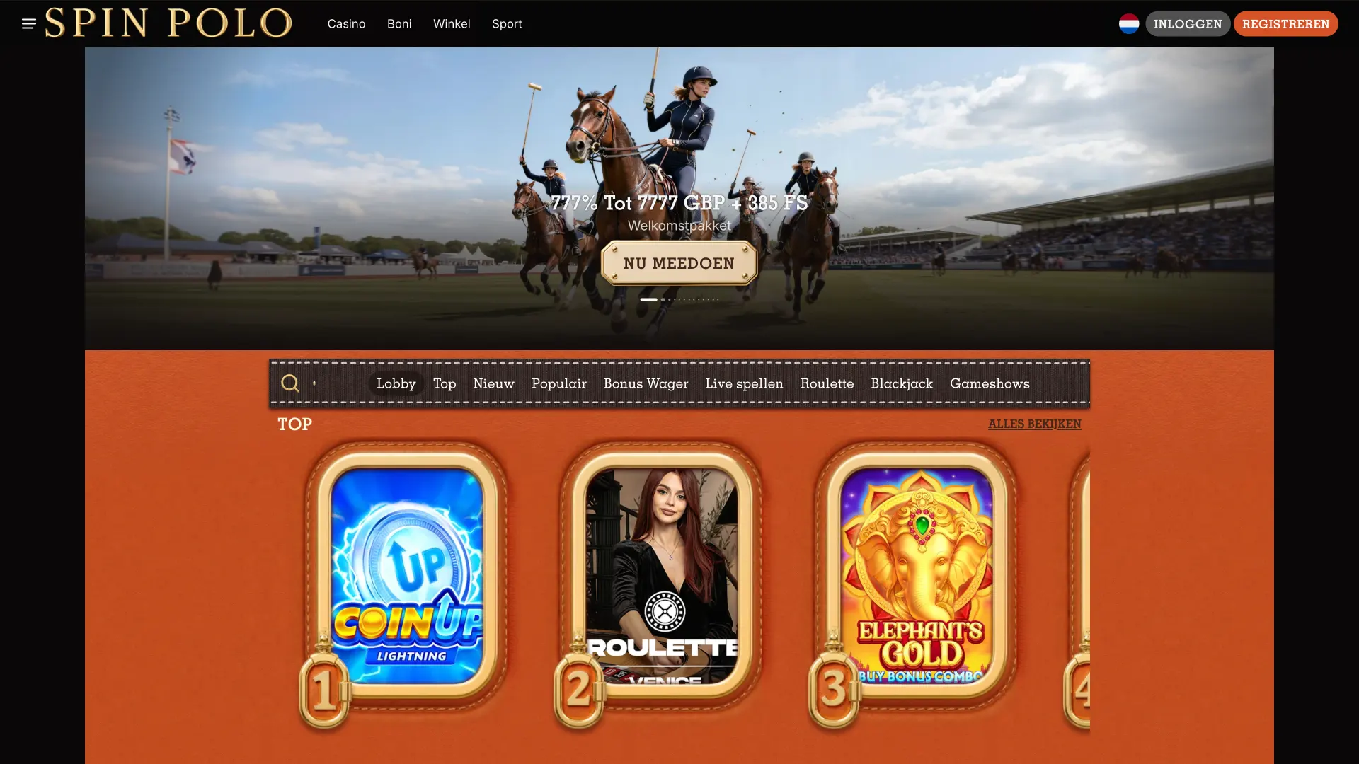 Spinpolo startpagina desktop geeft een overzicht van hoofdsecties en navigatie.
