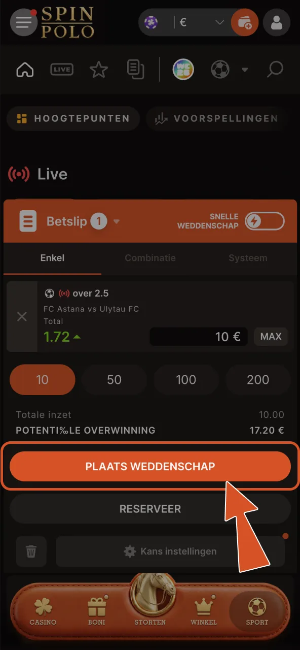 Bet plaatsen op Spinpolo en updates bekijken in je betgeschiedenis.