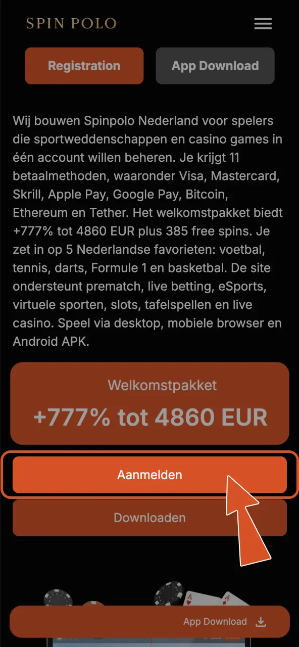 Open de Spinpolo sportsbook via de knop op deze pagina.