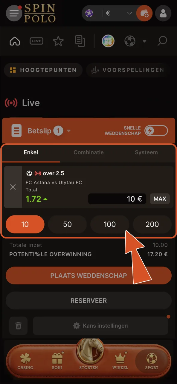 Inzet bepalen op Spinpolo en odds, uitbetaling en saldo nakijken.