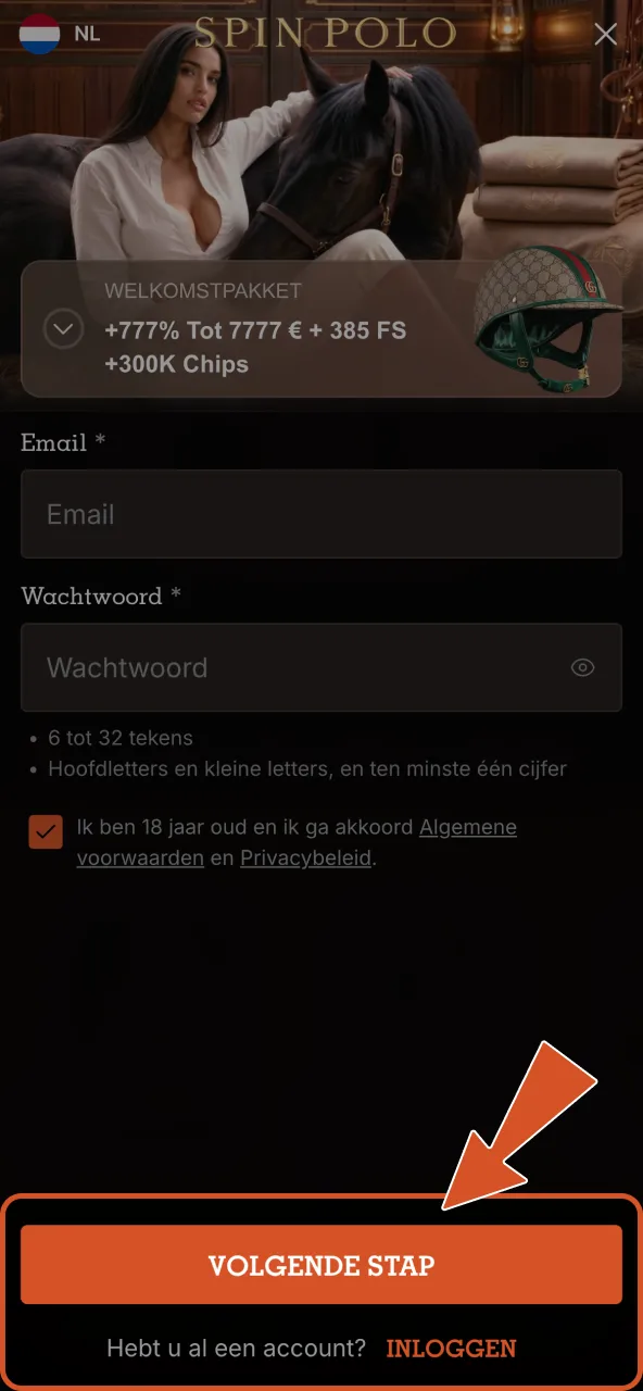 Verstuur je Spinpolo formulier en log in voor storting en verificatie.