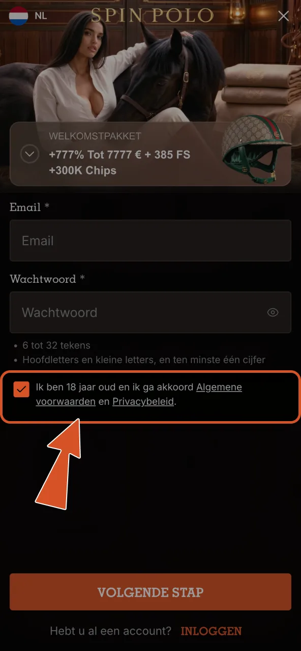 Akkoord gaan met Spinpolo voorwaarden en je leeftijd bevestigen.