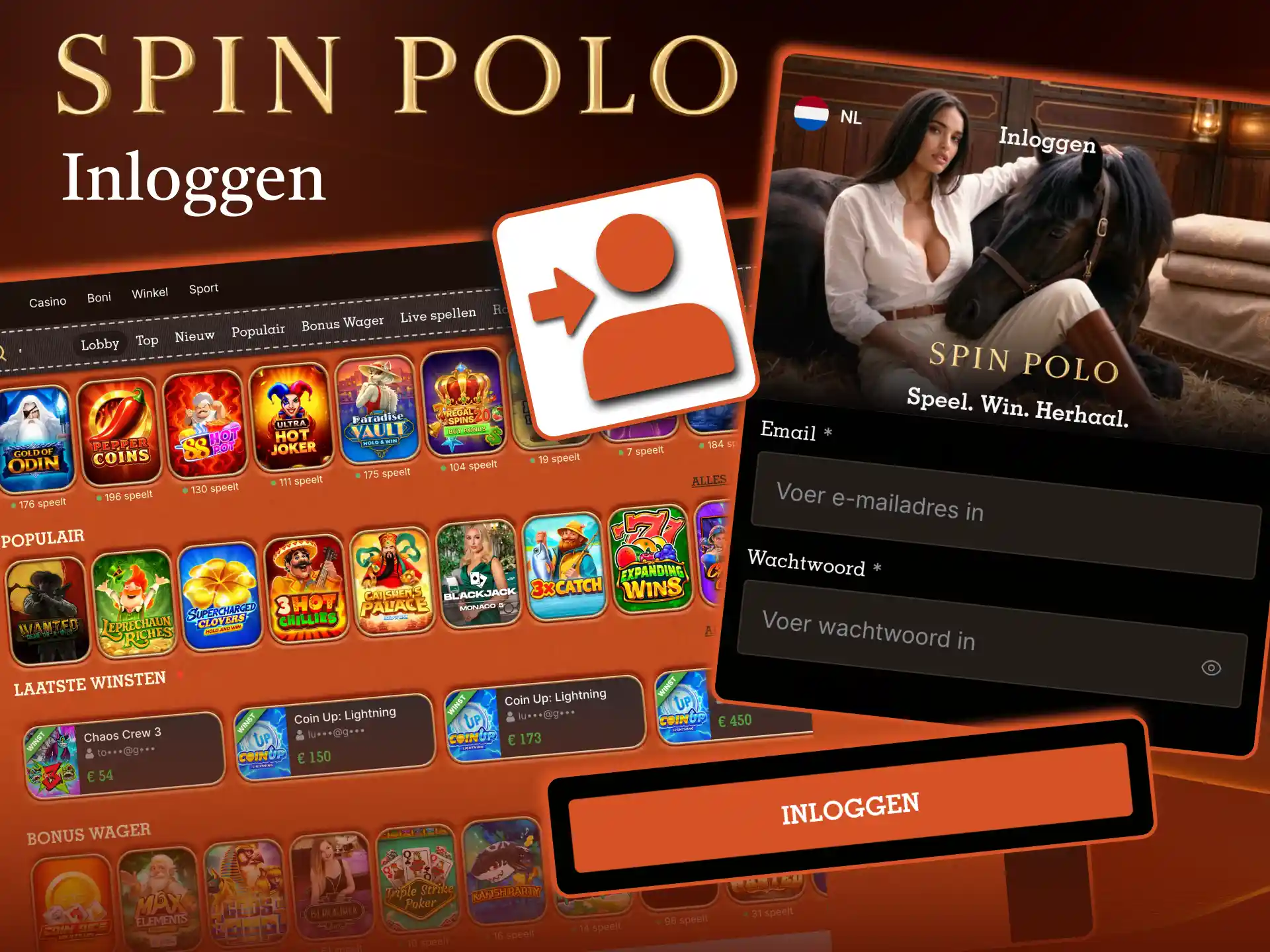Inloggen bij Spinpolo geeft toegang tot saldo, bonus en lobby.
