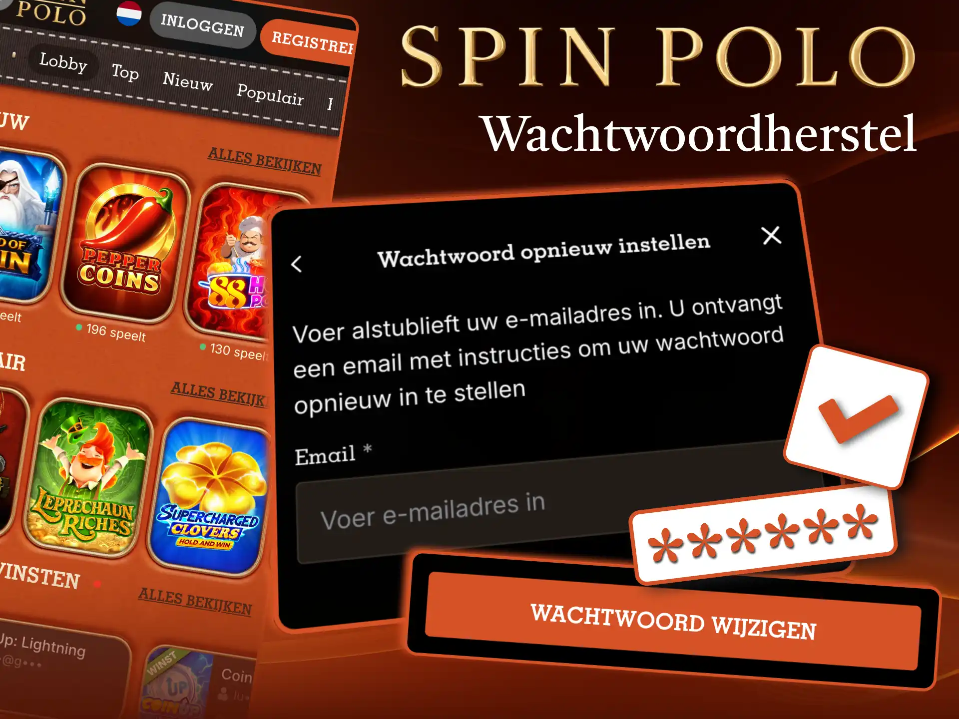 Wachtwoord opnieuw instellen in Spinpolo met herstelmail of sms code.