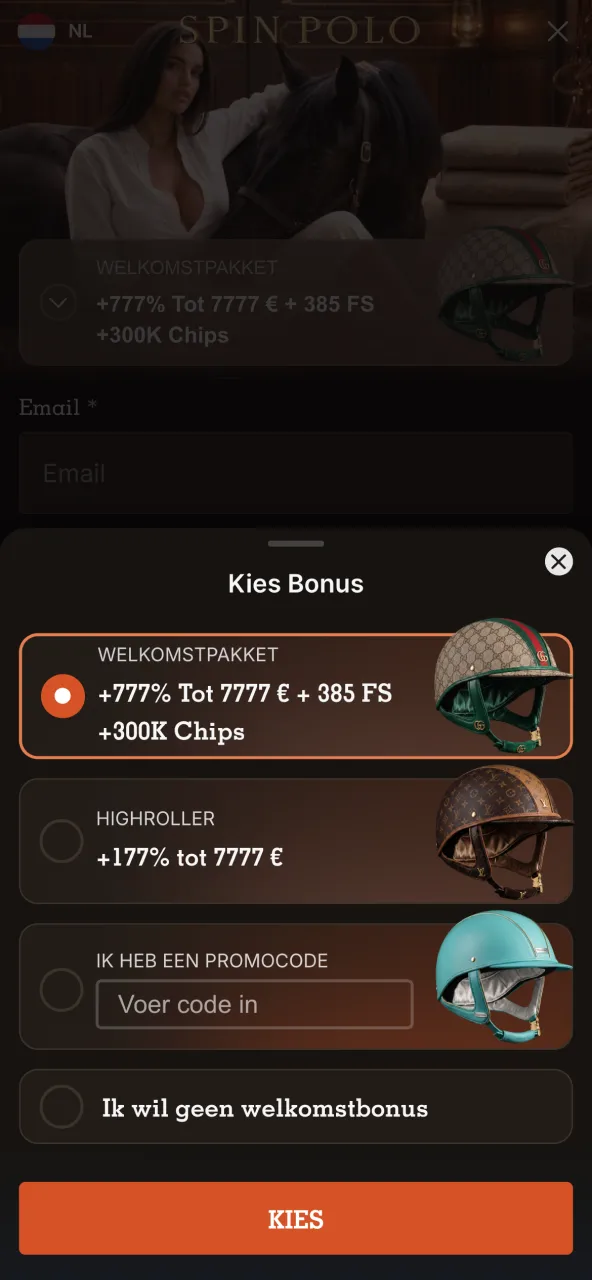 Spinpolo bonus selecteren voordat je geld stort.