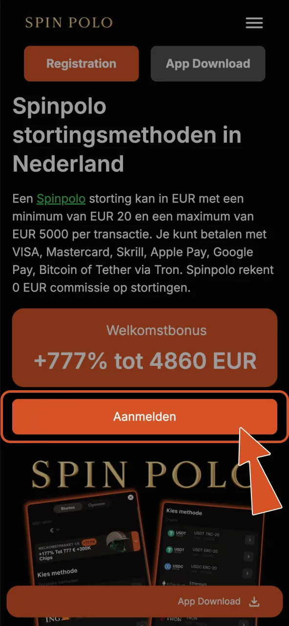 Klik op Inloggen om Spinpolo te openen en verder te gaan.
