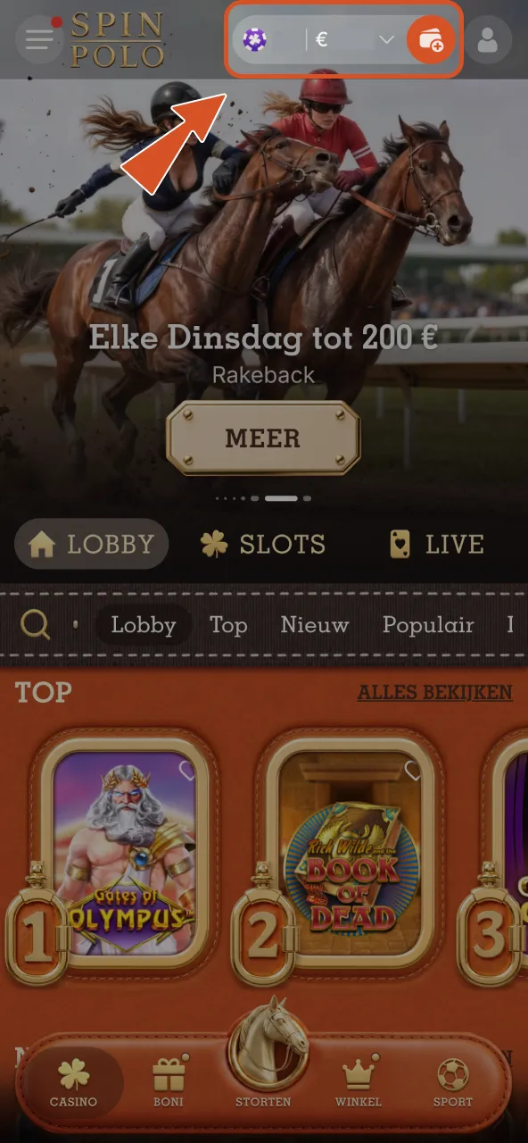 In Spinpolo naar Kassier gaan en controleren dat alles op EUR staat.