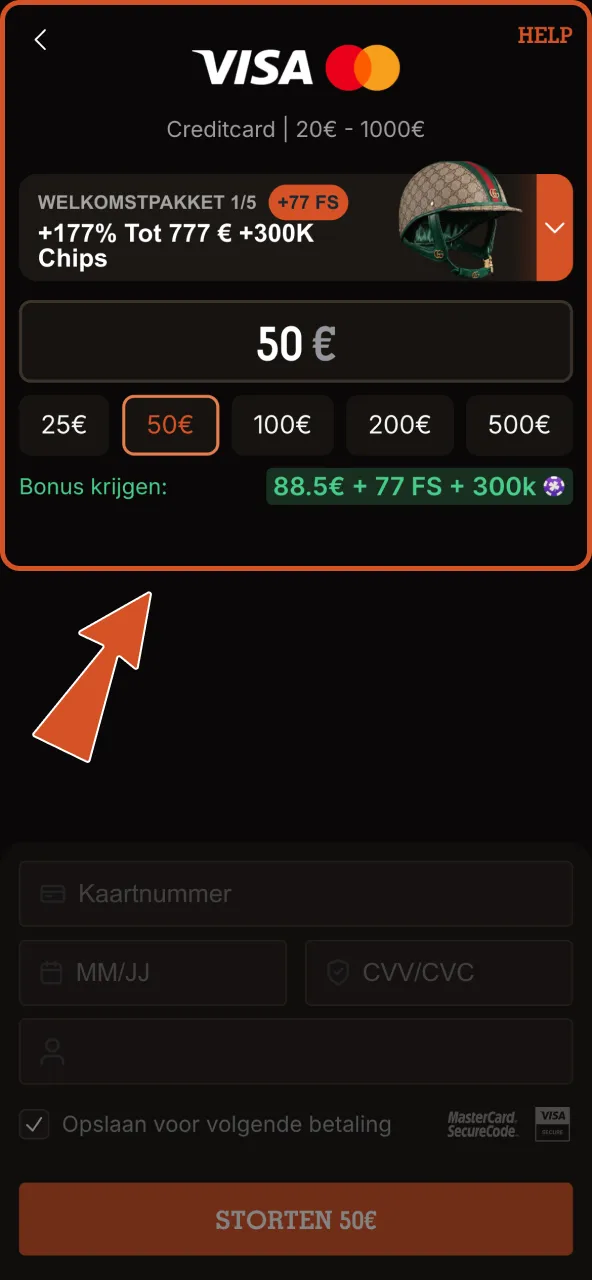 Kies je Spinpolo stortingsbedrag tussen €20 en €5000.